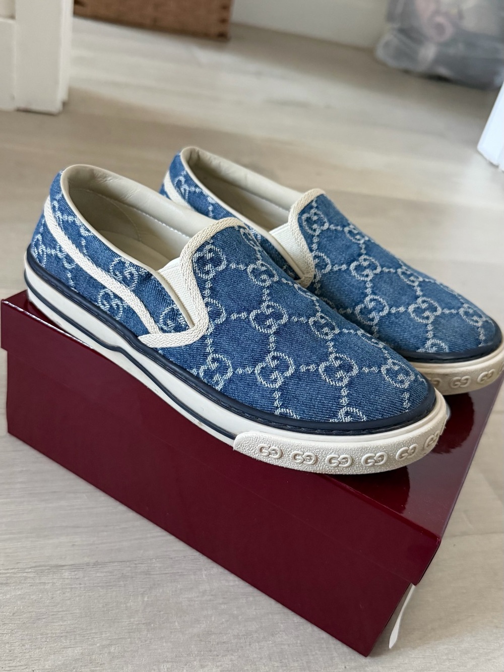 Gucci Blue Denim GG Monogram Slip-On Sneakers with Cream Trim